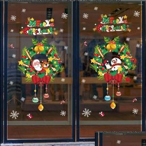 Stickers muraux Noël dessin animé flocon de neige père Noël décoration boutique centre commercial fenêtre en verre autocollant PVC Electrosta Pegatinas de Pared Dr Dhmwz