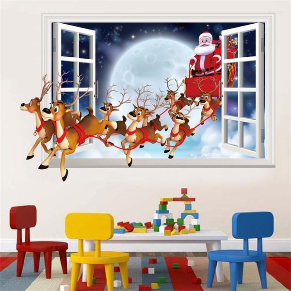 Stickers Muraux Décoration De Noël Père Noël Sur L'effet Imitation 3d Faux Fenêtres Amovibles