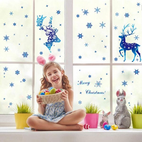 Pegatinas de pared de Navidad, pegatina de copo de nieve de alce, decoración de ventana de cristal, calcomanías para el hogar para habitación de niños, Navidad 2022