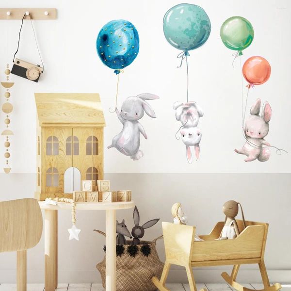 Pegatinas de pared coloridas globo con conejos dormitorio para niños decoración de la habitación de la habitación gris niños calcomanías