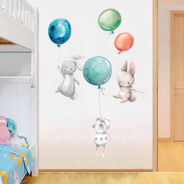 Pegatinas de pared, globos coloridos, conejos, dormitorio para niños, decoración gris para niños, decoración para guardería, habitación V5Q7