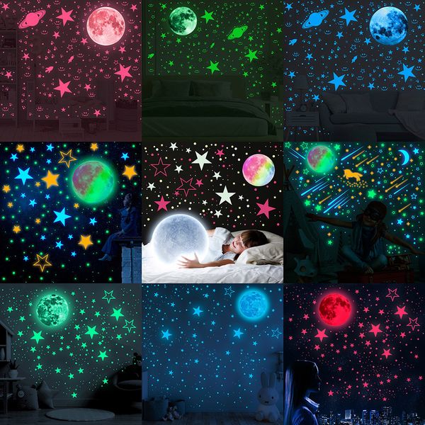 Stickers Muraux Coloré Lune Lumineux Stickers Muraux Pour Enfants Chambre Plafond Art Stickers Décor À La Maison Licorne Étoiles Glow In The Dark Autocollants 230329