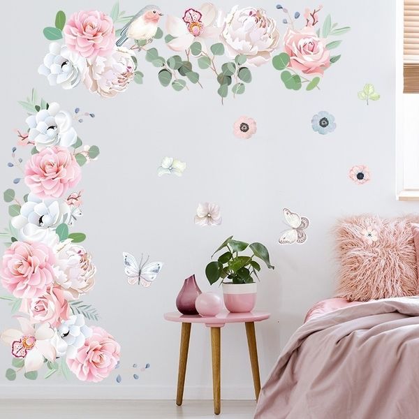 Pegatinas de pared coloridas, pequeñas, frescas, flores de peonía rosa, hojas verdes, decoración de habitación de bebé, decoración de dormitorio, calcomanías para baño 230822