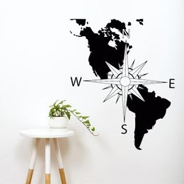 Pegatinas de pared con brújula, mapa del continente americano, pegatina artística, decoración extraíble para dormitorio, póster de navegación, Mural W118