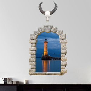 Muurstickers Creatieve 3D Vuurtoren Kunst Venster Decoratie Home Zee Landschap PVC Room Decor Verwijderbare Europese P