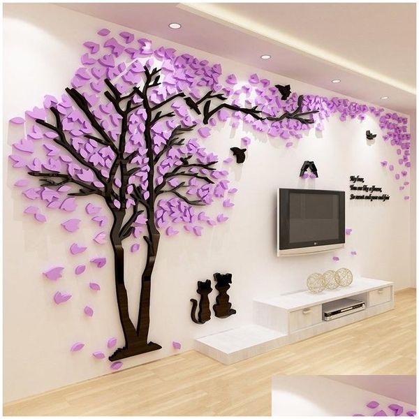 Autocollants muraux créatifs motif d'arbre à fleurs acrylique autocollant mural romantique décor à la maison autocollants 1 pièces TV canapé décorations de fond 21 Dhxfu