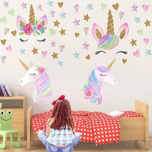 Muurstickers Creatieve Gouden Eenhoorns Voor Kinderkamers Mooie Sterren Decal Home Decor TV Bank Achtergrond DIY Muurschildering Behang