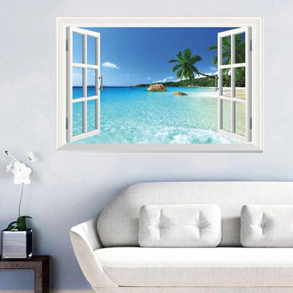 Stickers muraux papier créatif plage paysage marin art 3D autocollant amovible décalcomanie pour chambre fond salon enfants