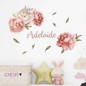 Muurstickers Aangepaste naam Bloemenkrans Pioenblad Aquarel Sticker Vinyl Kinderkamer Verwijderbare stickers Kinderkamer Woondecoratie 230829