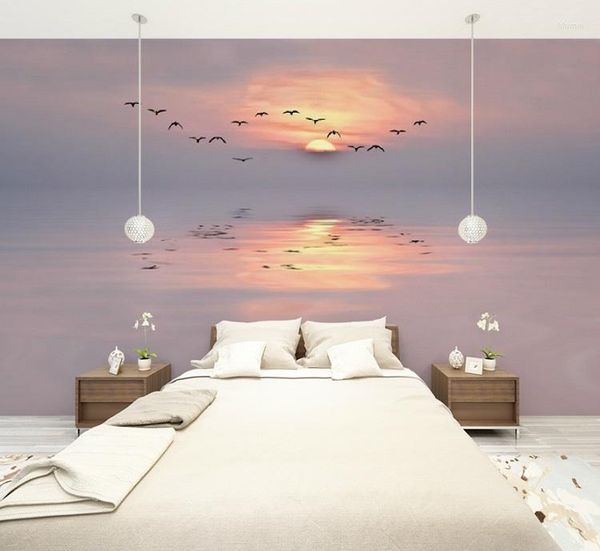 Pegatinas de pared tamaño personalizado 3D Po Mural pegatina puesta de sol pájaros papeles extraíbles arte autoadhesivo decoración del hogar