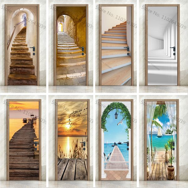 Pegatinas de pared tamaño personalizado 3D escalera escalones puerta autoadhesivo impermeable moderno paisaje hogar habitación envoltura Mural cubierta papel tapiz 230717