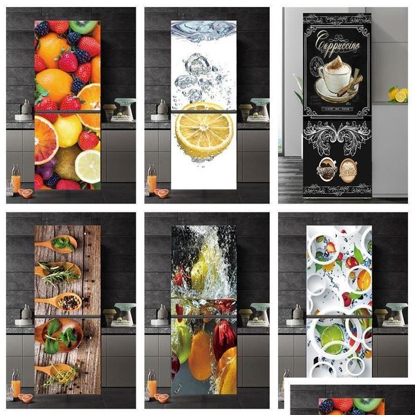 Autocollants muraux délicieux Fruit Refrigérateur Autocollant Adhésif étanche 3D Fond d'écran 3D pour la cuisine Fridge Porte Murale Dhgwe