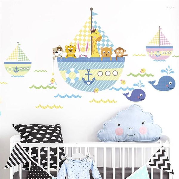 Stickers muraux animaux mignons en bateau à voile pour enfants chambre salle de bain décoration de la maison dessin animé Art Mural bricolage Safari décalcomanie