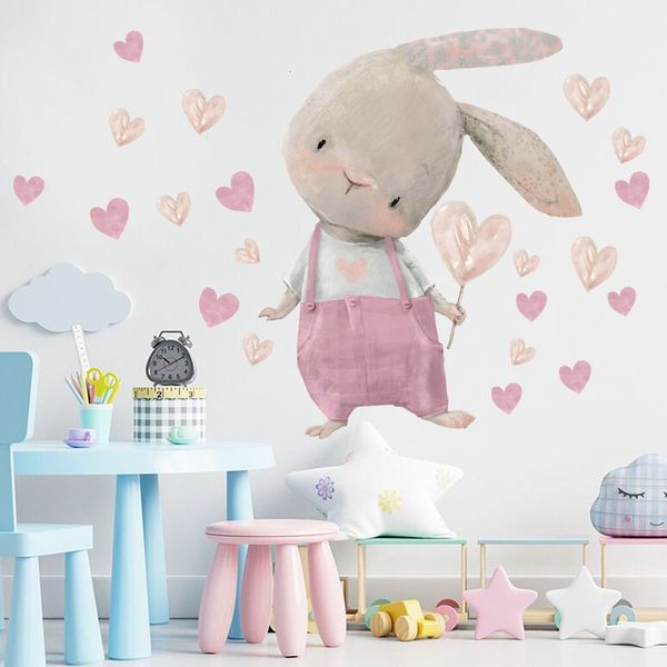 Pegatinas de pared lindas corazones de conejito para niños salas de niñas dormitorio dormitorio de dormitorio decoración de animales de conejo papel 230321