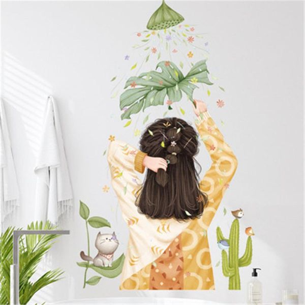 Stickers muraux mignon filles chambre dortoir décoration feuilles de palmier paysage pour enfants chambre salle de bain décalcomanies Art Mural