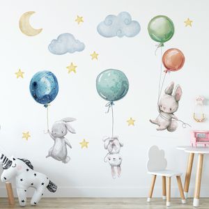 Stickers muraux mignons beaux lapins volants ballons lune étoile nuage amovible décalcomanie pour enfants pépinière bébé chambre décor affiche murale 230822