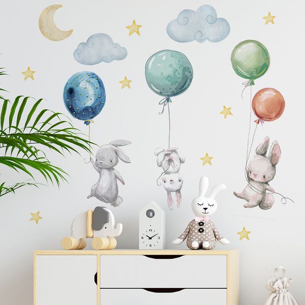 Wandaufkleber, niedliche, schöne fliegende Kaninchen, Luftballons, Mond, Stern, Wolke, abnehmbarer Aufkleber für Kinderzimmer, Babyzimmer, Dekor, Poster, Wandbild 230808