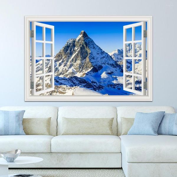 Pegatinas de pared, calcomanía artística, papel tapiz de ventana falsa, decoración de cocina, dormitorio, nieve, montaña, lago, invierno, paisaje moderno, pegatina 3D