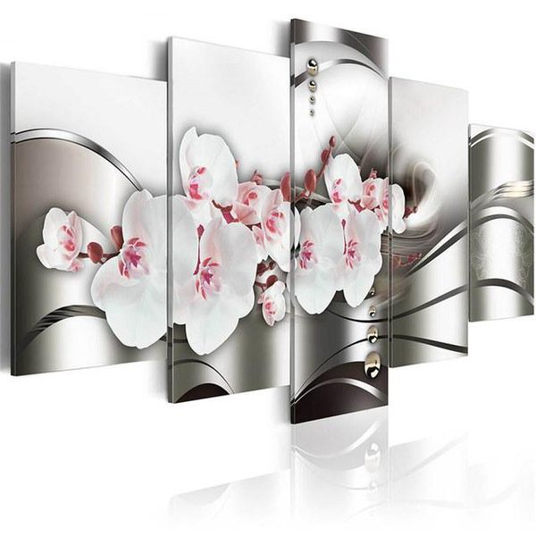 Stickers Muraux Stickers Muraux 5 Pièces Blanc Rose Orchidées DIY Auto-Adhésif Papier Peint Imperméable Affiche Pour Imprimer Art Photo Décor À La Maison