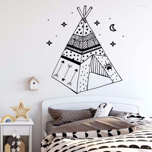 Autocollants muraux Wigwam amovibles, décor de chambre d'enfants, décoration familiale rustique avec étoiles, Art Mural AY400