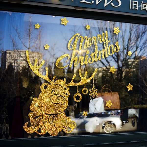 Autocollants muraux décorations salon année de noël fenêtre porte en verre ours décalcomanies amovible auto-adhésif PVC affiche