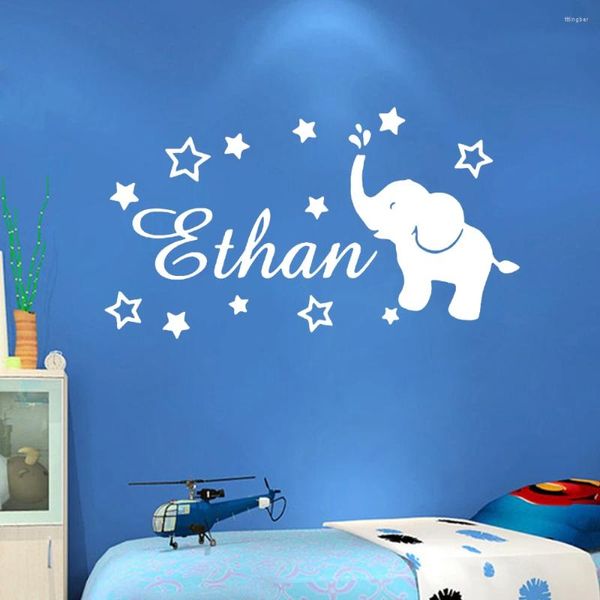 Pegatinas de pared pegatina elefante nombre personalizado de niña personalizada calcomanía de luna estrellas de luna decoración de dormitorio de bebé