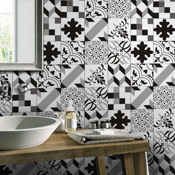 Autocollants muraux style européen noir et blanc Simulation carrelage rétro salon chambre papier peint cuisine toilette autocollant étanche à l'huile