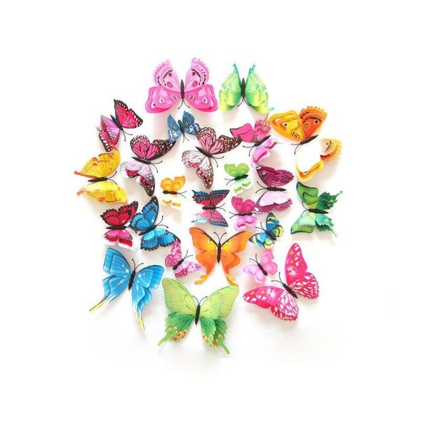 Pegatinas de pared Moda Doble Capa 3D Mariposa Etiqueta de la pared en la decoración del hogar Mariposas para decoración Imán Pegatinas de nevera 12 piezas Dhckh