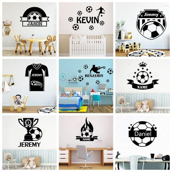 Pegatinas de pared con nombre personalizado de fútbol para niños, decoración para habitación de niños, papel tapiz, calcomanías personalizadas de fútbol