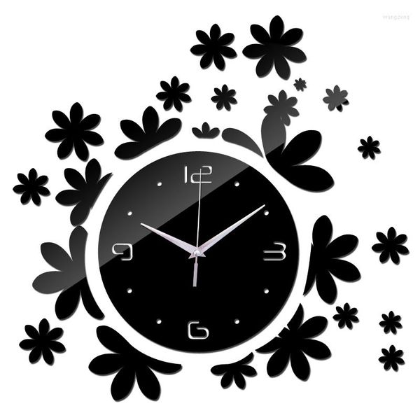 Stickers muraux Mode Autocollant Horloge Horloges Bricolage Décoration Miroir Acrylique 3d Montre Quartz Aiguille Fleur