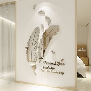 Wandstickers Feather Crystal Acryl Mirror Decoratieve sticker 3D Wallpaper Wall Decal Home Decoratie badkamer 230410