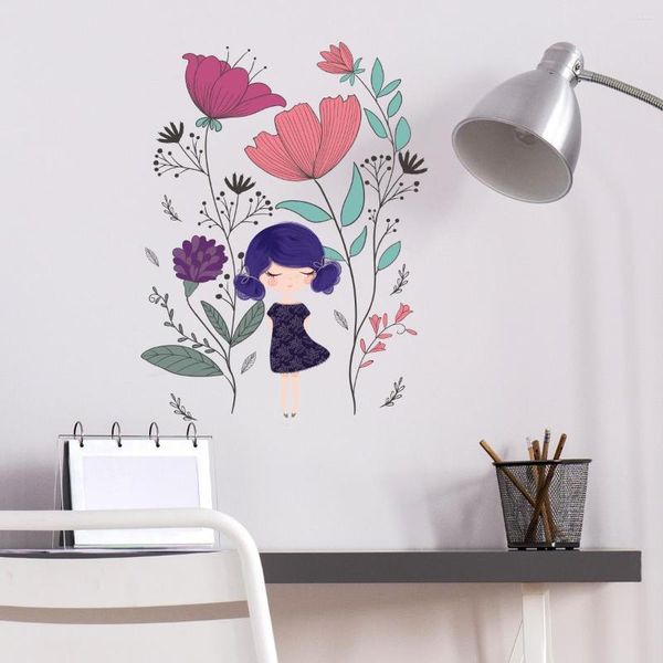 Pegatinas de pared Flower Girl Children Children Sala de estar creativa Fondo decorativo