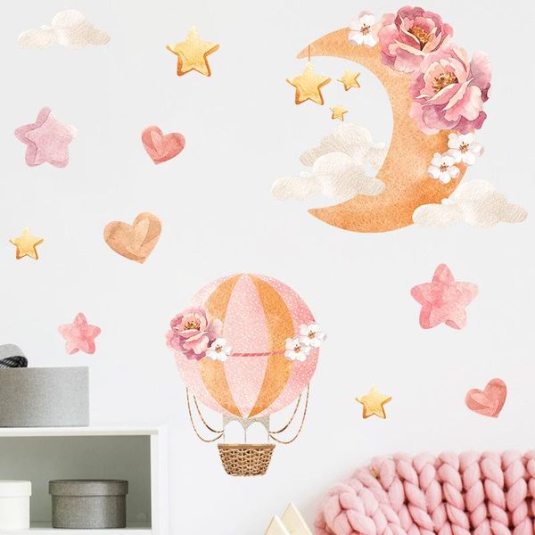 Stickers muraux fleur lune étoiles pour chambre d'enfants filles décoration dessin animé ballon à Air Pvc décalcomanies décor à la maison bricolage