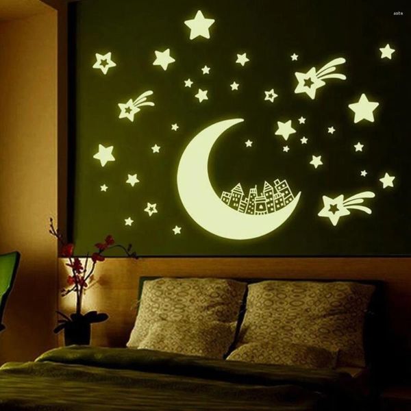 Pegatinas de pared fluorescentes que brillan en la oscuridad, estrella, luna, calcomanía luminosa