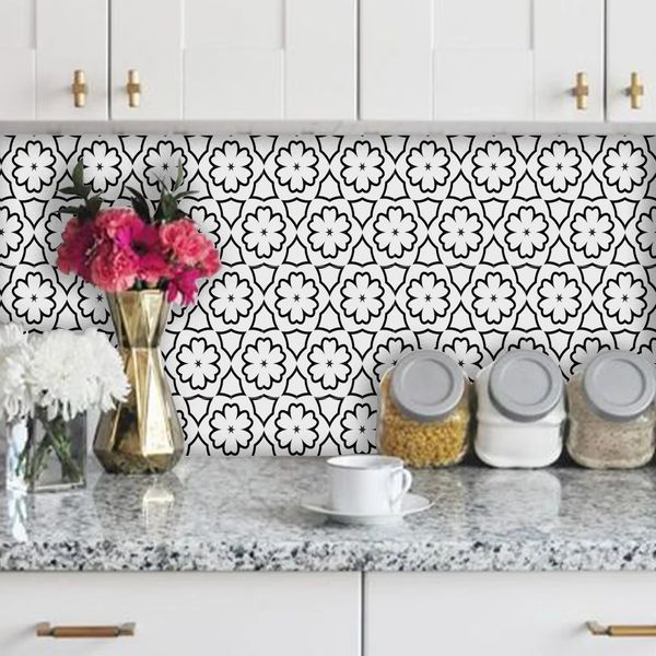 Pegatizas de pared FunLife 2020cm Negro Blanco Geométrico Patrón ornamental Tile Decoración minimalista moderna para la cocina de la sala de estar 231010