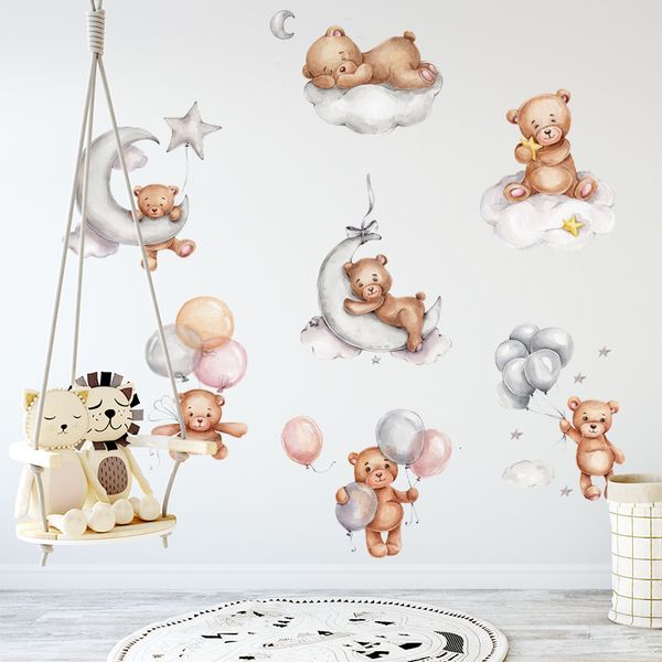 Pegatinas de pared, divertido y lindo oso de peluche, habitación para niños, decoración para guardería, calcomanías, estilo acuarela, decoración del hogar, Interior 230822