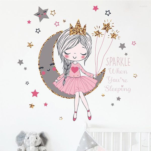 Pegatinas de pared para decoración de habitación de niña, pegatina de luna de princesa pequeña, decoración comercial para dormitorio infantil