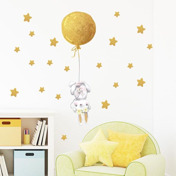 Pegatinas de pared Flor de globo de aire dorado para habitación de niños, calcomanías decorativas para guardería, dormitorio