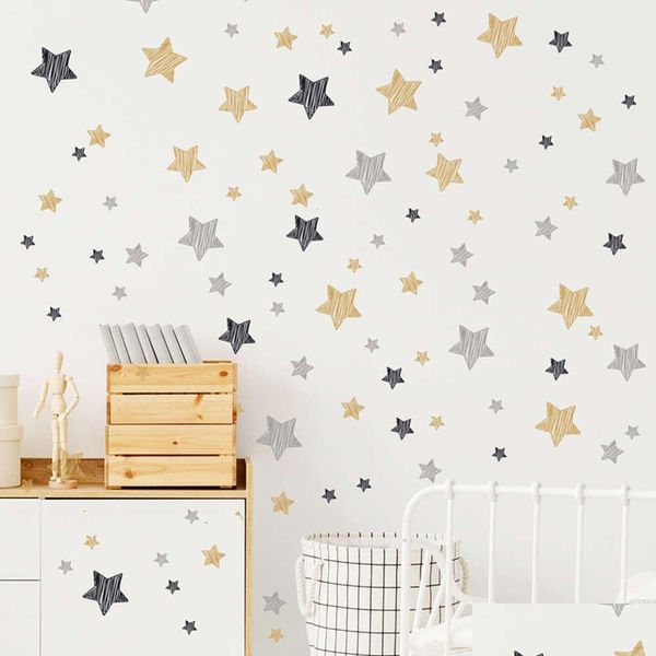 Pegatinas de pared estrellas grises negras doradas iti línea para niños calcomanías de guardería para bebés hogareño decorativo de dormitorio de dormitorio jardín jardín dhwod