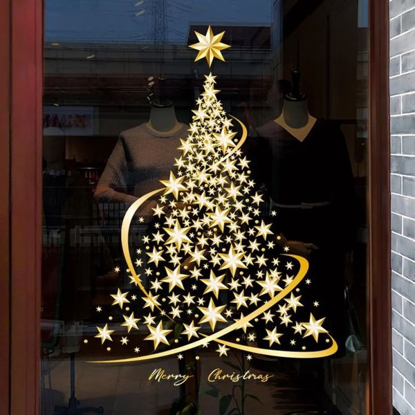 Adesivos de parede Janela de árvore de Natal dourada adere para vidro DIY porta estática mural vitrine decalque adesivo 1/3 pacotes 231027