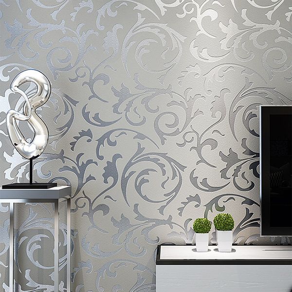 Stickers muraux gris 3D victorien damassé en relief papier peint rouleau décor à la maison salon chambre revêtements argent Floral luxe papier 230616