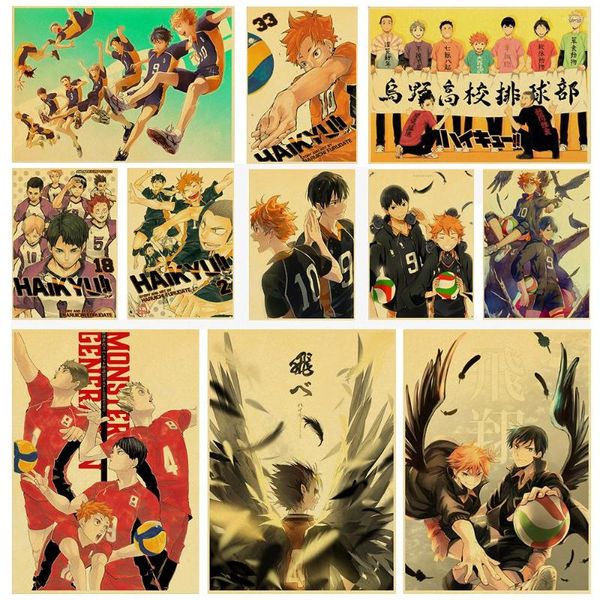 Stickers Muraux Haikyuu !! Affiche de papier Kraft Vintage d'anime de Sport japonais d'autocollant de personnage principal animé pour la décoration de la maison