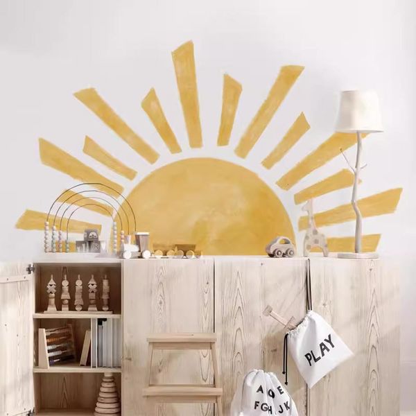 Pegatinas de pared, papel tapiz de medio sol, calcomanía de vinilo de sol, guardería bohemia, habitación de bebé, dormitorio autoadhesivo, decoración del hogar 230822