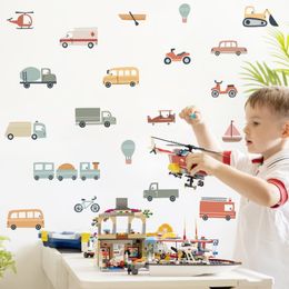 Autocollants muraux dessinés à la main, dessin animé aquarelle, véhicules mignons, bus de voiture pour chambre d'enfants, garçons, décoration de pépinière, 230822