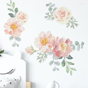 Stickers muraux peinture à la main aquarelle fleurs pivoine Rose feuilles vertes décalcomanies pour salon enfants chambre décor de noël