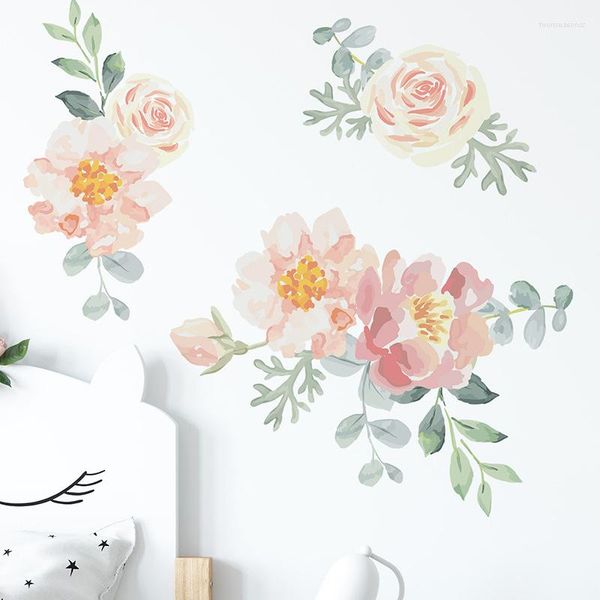 Pegatinas de pared, pintura a mano, flores de acuarela, peonía, rosa, hojas verdes, calcomanías para sala de estar, dormitorio de niños, decoración navideña