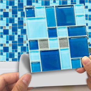 Pegatinas de pared azulejo de mosaico azul duro pegatina cocina baño línea Diagonal pelar y dejar brillante resistente al desgaste