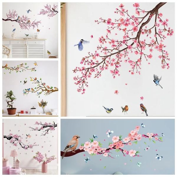 Stickers muraux Décoration de la maison | Salon | Chambre à coucher, oiseau multicolore sur une branche d'arbre, autocollant ornement de style chinois, décalcomanies de fleurs 231202