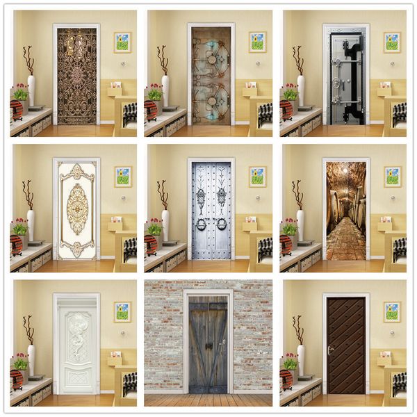 Pegatinas de pared Puerta de hierro Patrón Papel tapiz 3D PVC Puerta Etiqueta autoadhesiva Autocollant de porte Diseño del hogar Decoración Póster Mural de madera 230717