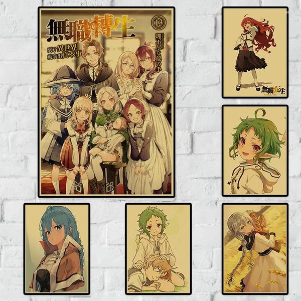 Pegatinas de pared de Anime japonés Spirited Mushoku Tensei, papel Kraft, película para la habitación del hogar, póster Retro Vintage para decoración